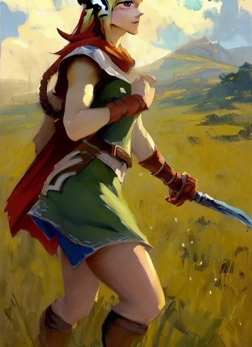 Image similar to Greg Manchess painting of a female Link from Legend of Zelda, countryside, calm, fantasy character portrait, dynamic pose, above view, sunny day, thunder clouds in the sky, artwork by Jeremy Lipkin and Giuseppe Dangelico Pino and Michael Garmash and Rob Rey, very coherent asymmetrical artwork, sharp edges, perfect face, simple form, 100mm