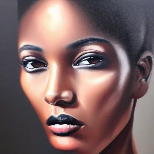 Image similar to fashion model with half black face, hyperrealism oil painting