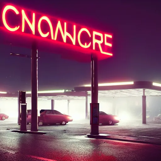 Prompt: a convenience store at a gas station in the dark and misty night, observed from afar in the fog, cyberpunk style ( 2 0 6 0 ), retro futuristic style