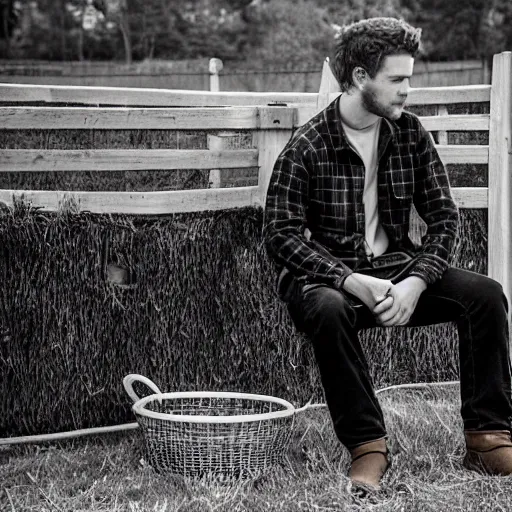 Prompt: a candid photo of a very handsome young farm hand, sitting on a fence talking with his friend, confessing his love for him.
