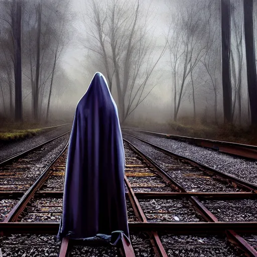 Prompt: ominous bedsheet ghost standing near train tracks in the forest, oil painting, brush strokes, gloomy foggy atmosphere, symmetrical, full body image, highly ornate intricate details,