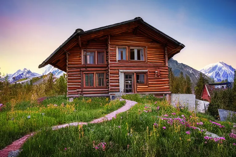 Image similar to architecture photo modern fachwerk house cottage settlement with Elbrus mountain on the background, architecture, photorealism 8k , shining and happy atmosphere, uplight, high details