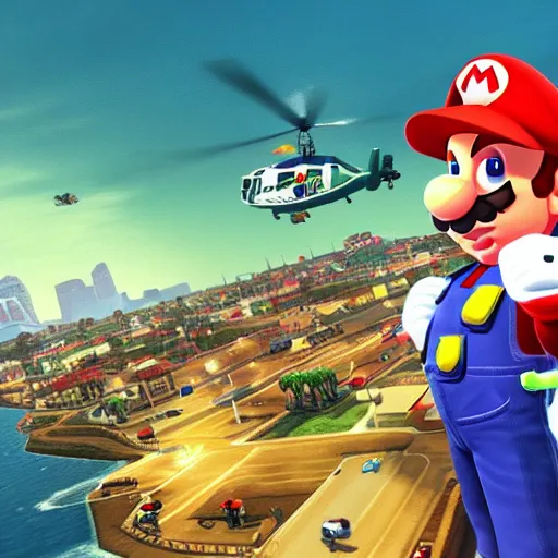 Image similar to a screen shot of mario in gta 6