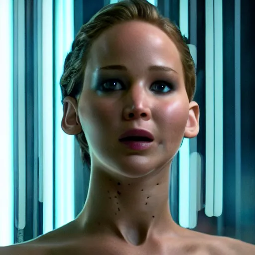 Image similar to jennifer lawrence touching mirror in matrix remake, ( eos 5 ds r, iso 1 0 0, f / 8, 1 / 1 2 5, 8 4 mm, postprocessed, crisp face, facial features )