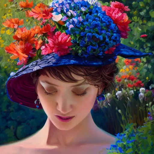 Image similar to a painting of a woman wearing a floral hat in a beautiful garden, an ultrafine detailed painting by james jean, cgsociety, figurative art, ilya kuvshinov, detailed painting, rich color palette