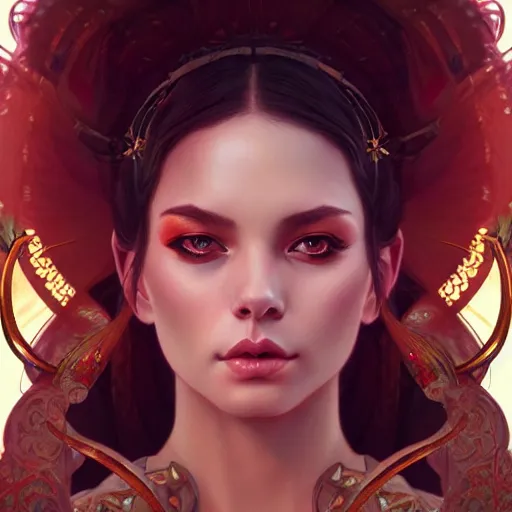 Prompt: perfectly - centered portrait of demon goddess, beautiful, gorgeous, highly detailed, professional digital painting, unreal engine 5, photorealism, hd quality, 8 k resolution, cinema 4 d, 3 d, cinematic, art by artgerm and greg rutkowski and alphonse mucha and loish and wlop