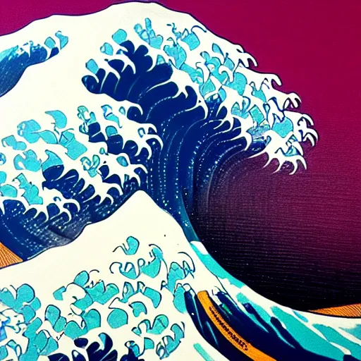 Image similar to Hokusai wave, but a paint pour in synthwave colors