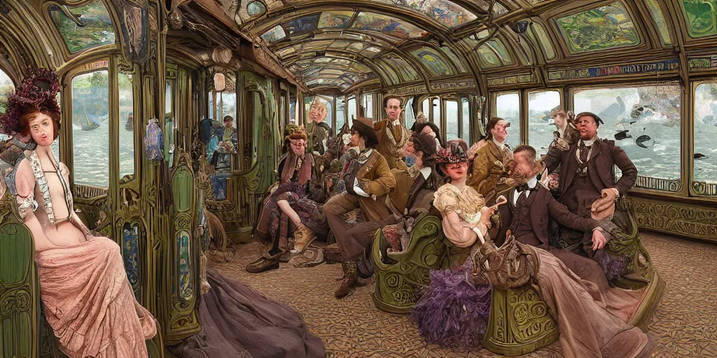 Prompt: incredibly beautiful breathtakingly detailed colour art nouveau photograph group portrait of an amazingly cool odd characterful couple sat down, in the inside of the beautiful underwater train to atlantis, every face amazingly clear detailed with lifelike expressions, full of crowd of people sat down wearing unusual clothes, by william powell frith and mucha, ultra wide angle, 4 k