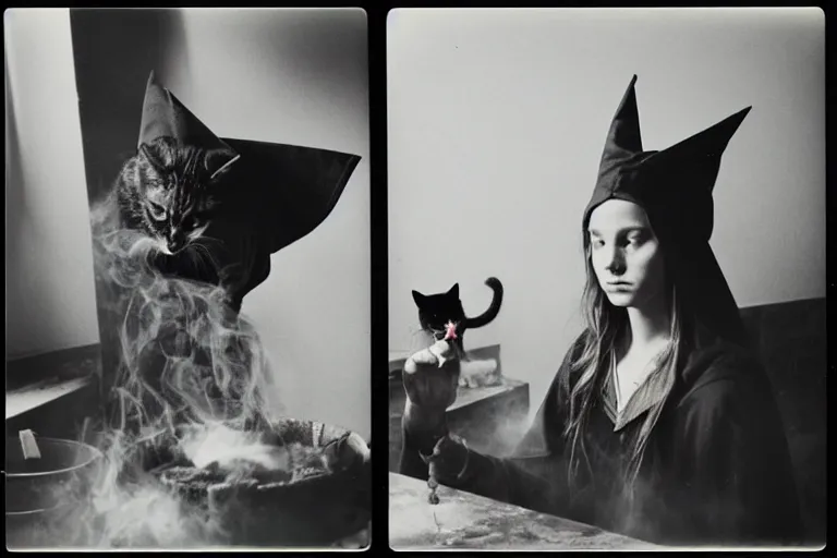 Prompt: polaroid 1 9 8 0's photo, close up portrait, dramatic lighting, concentration, calm confident teen witch and her cat mixing a spell in a cauldron, a little smoke fills the air, a witch hat and cape, a little green smoke is coming out of the cauldron, ingredients on the table, apothecary shelves in the background, still from harry potter