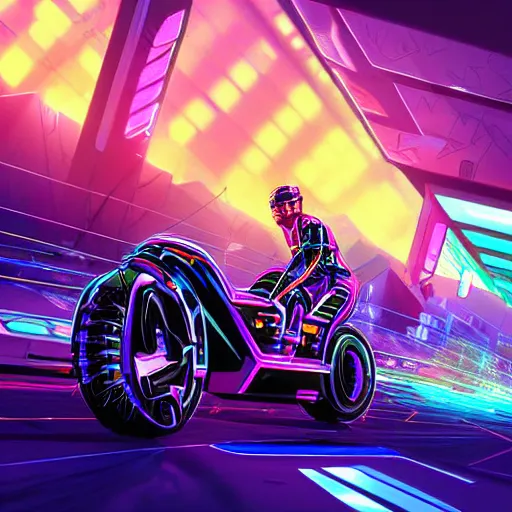 Image similar to cyberpunk, synthwave, cubo - futurism, darksynth, synthwave, retrowave, highly detailed digital art of a tron cyberbike race