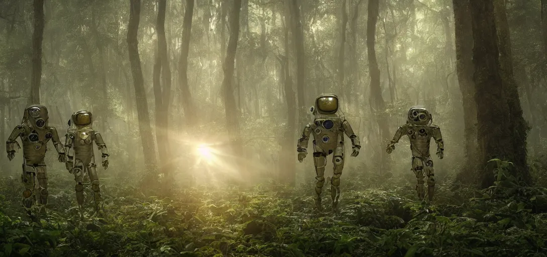 Image similar to an astronaut visiting a complex organic fractal 3 d metallic symbiotic ceramic humanoid megastructure creature in a swampy lush forest, foggy, sun rays, cinematic shot, photo still from movie by denis villeneuve, wayne barlowe