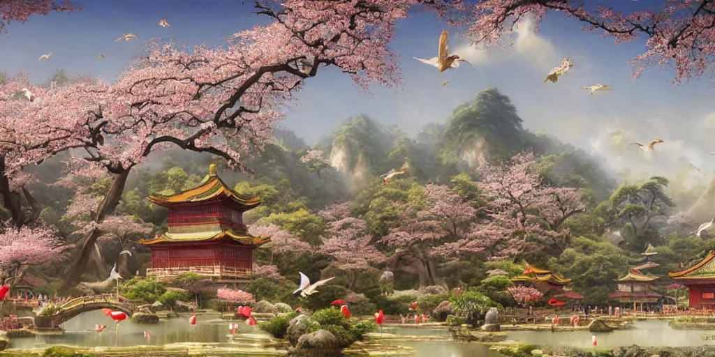 Image similar to it is a paradise with ancient chinese characteristics. it has a high degree of fantasy. cherry blossom forest, there are pavilions in the air, koi jumping in the air, and fairy birds and animals such as cranes and deer coexist with people. it is the life scene of the ancient people, a detailed matte painting by christophe vacher and albert bierstadt