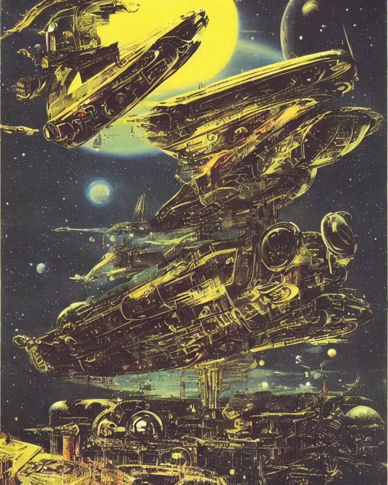 Prompt: vintage scifi book cover, 6 0 s, by chris foss, bruce pennington, richard powers, cosmic, alien planet, massive spaceships, gross alien, retro futurism