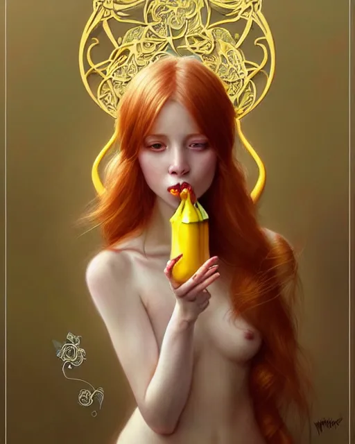 Image similar to Beautiful and playful ethereal ginger portrait eating banana, art nouveau, fantasy, intricate flower designs, elegant, highly detailed, sharp focus, art by Artgerm and Greg Rutkowski and WLOP