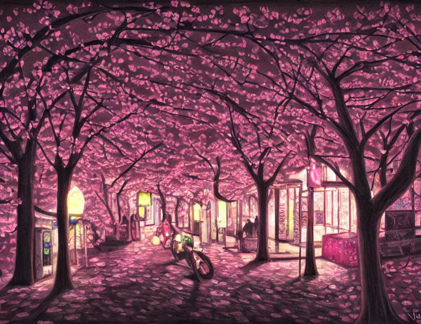 Prompt: cherry blossom cavern night club. heavily stylized, oil painting by indie cartoonist. backlighting, chiaroscuro, intricate details, field of depth.