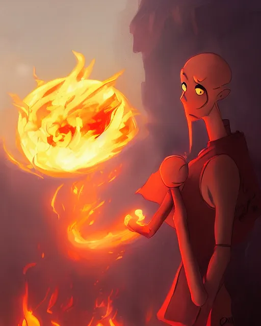 Prompt: squidward wearing fire nation clothing and practicing firebending outside at susnset, [ [ [ [ [ [ greg rutkowski ] ] ] ] ] ]