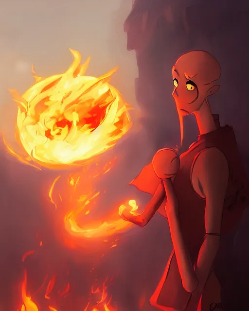 Image similar to squidward wearing fire nation clothing and practicing firebending outside at susnset, [ [ [ [ [ [ greg rutkowski ] ] ] ] ] ]