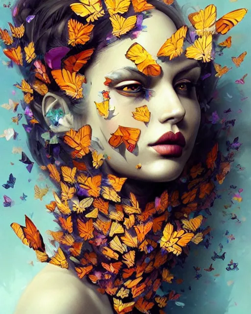 Prompt: woman made of butterflies and flower petals, scorched beauty portrait, artgerm, peter mohrbacher