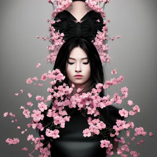 Prompt: beautiful girl in a dress made of black roses and cherry blossoms, beautiful portrait, symmetrical, character concept style trending on artstation concept art detailed octane render cinematic photo - realistic 8 k high detailed