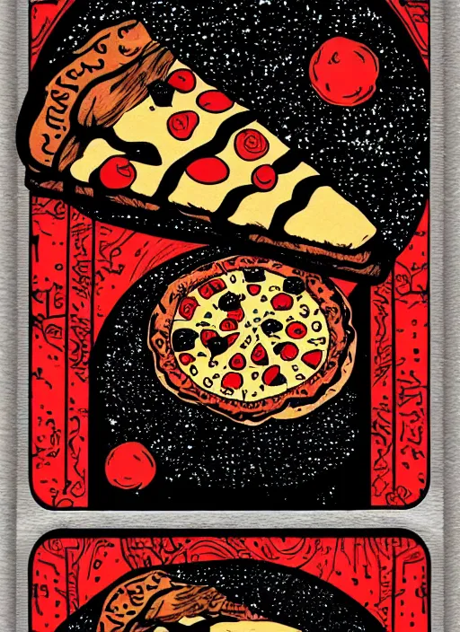 Image similar to tarot card of pizza, meaning tasty food, high quality image, modern digital art, stylish, black and red