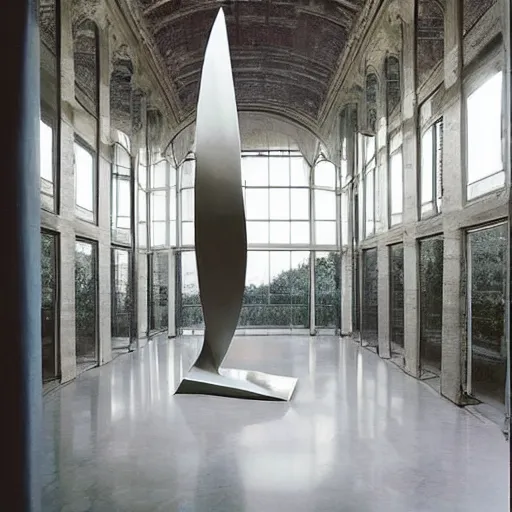 Image similar to giant Italian modern castle living room, clean minimalist design, that is 1300 feet tall, a series of modern stainless steel organic shaped modern sculptures with mirror finish by John Chamberlain, photo by Annie Leibovitz