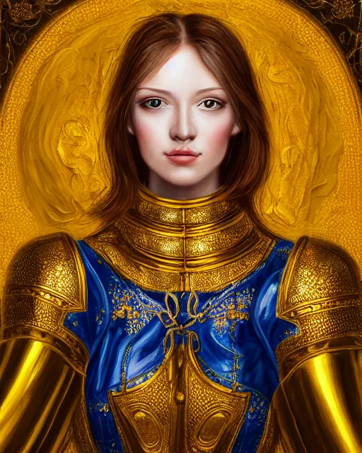 Prompt: enamel painting portrait of woman in shining golden armor, high production value, intricate details, high resolution, hdr, high definition, masterpiece, realistic, ultrarealistic, highly detailed, hd, sharp focus, non blurry, sharp, smooth