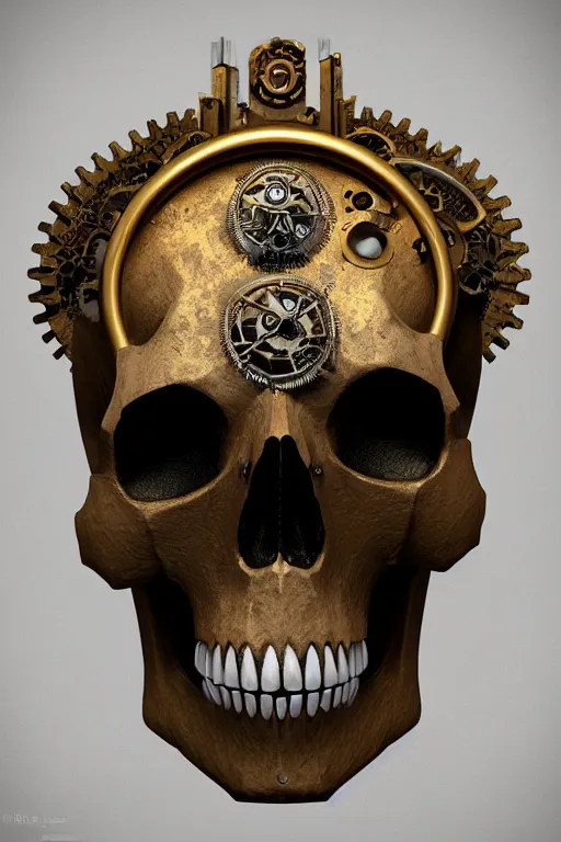 Image similar to conceptart 3 d render skull, the skull is decorated with art deco and steam punk gears details inside, hyperrealistic, volumetric lighting, ultra detailed, elegant, octane render, blue and gold, 8 k, trending on artstation, unreal engine