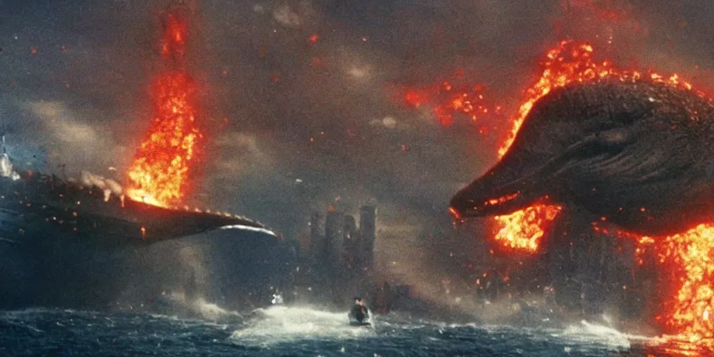 Prompt: photo of godzilla blue whale octopus monster destroying a city in a block buster hollywood movie