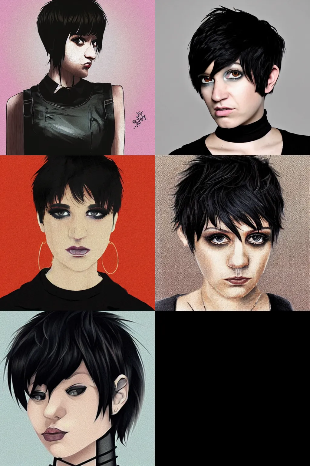 Prompt: an emo portrait by petros afshar. her hair is dark brown and cut into a short, messy pixie cut. she has a slightly rounded face, with a pointed chin, large entirely - black eyes, and a small nose. she is wearing a black tank top, a black leather jacket, a black knee - length skirt, and a black choker..
