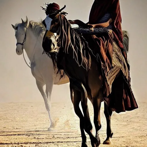Image similar to burqa's woman, ride horse, taliban, riffle on chest, dust, cinematic, beautiful, dynamic pose, pinterest