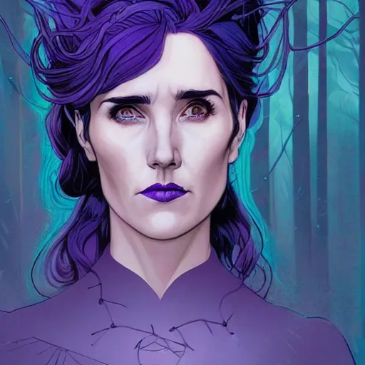 Image similar to in the style of Joshua Middleton comic art, beautiful witch spooky female, Jennifer Connelly, blue and purple glowing hair, perfect eyes perfect symmetrical eyes, symmetrical face, black magic, dark forest background, painterly style