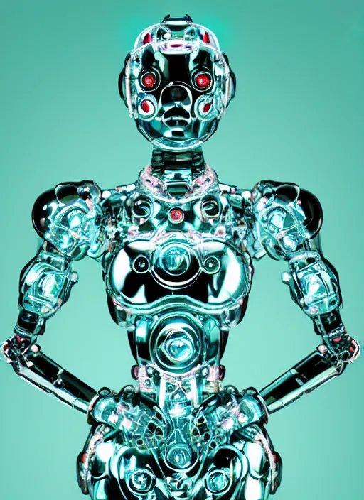 Prompt: cybernetic woman robot android diamonds ruby jade glowing ethereal bubbles gradient jewels