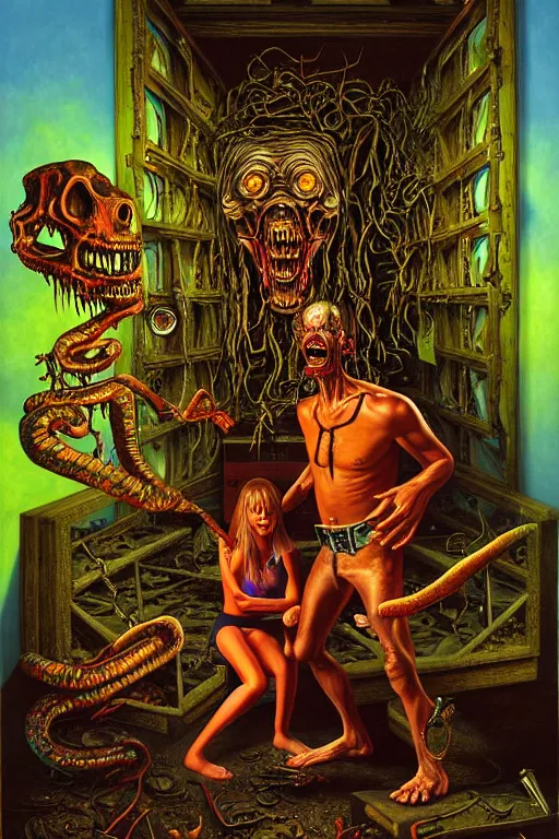 Prompt: a hyperrealistic painting of a lost treasure found being guarded by monstrosity, cinematic horror by jimmy alonzo, the art of skinner, chris cunningham, lisa frank, richard corben, highly detailed, vivid color,