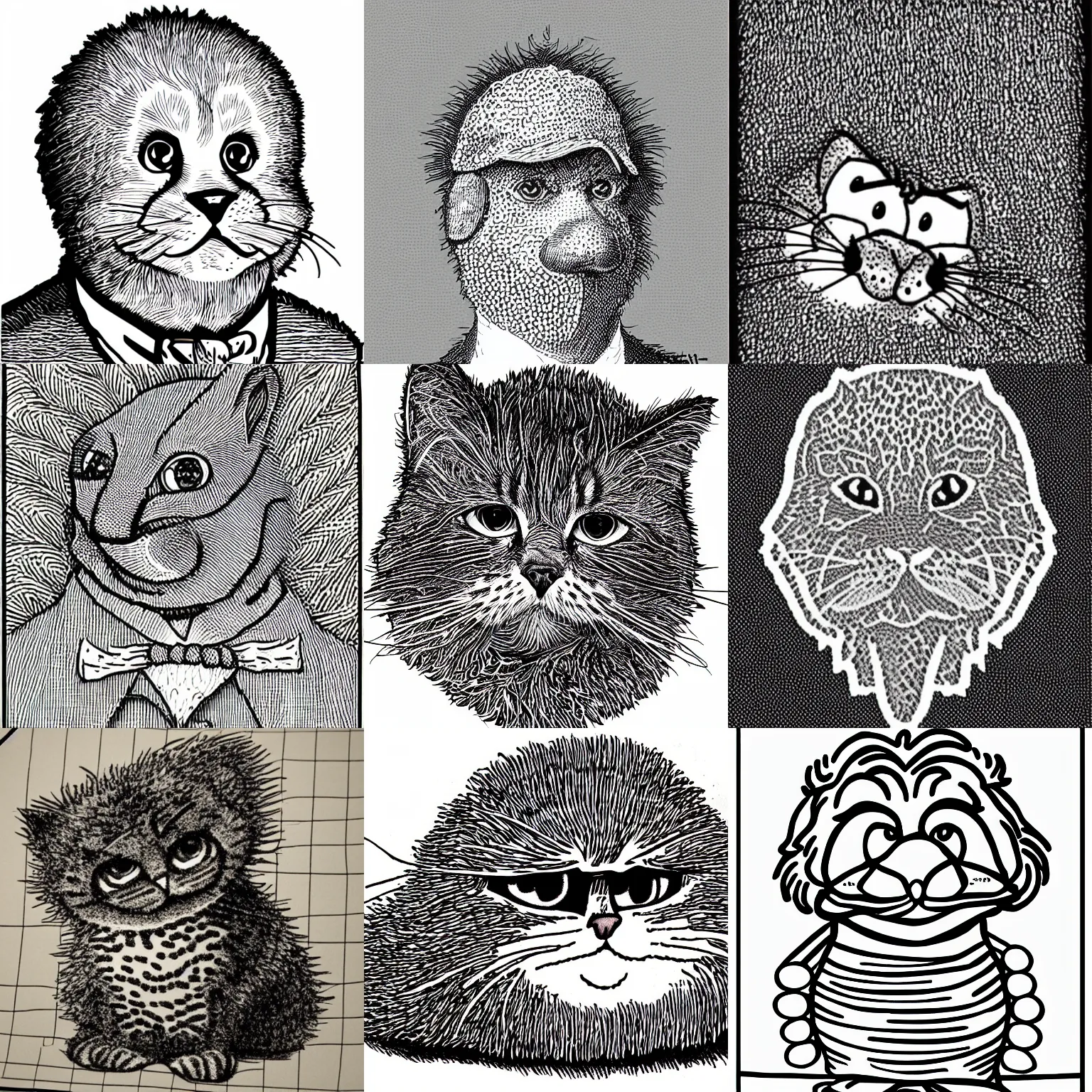 Prompt: garfield hedcut stipple