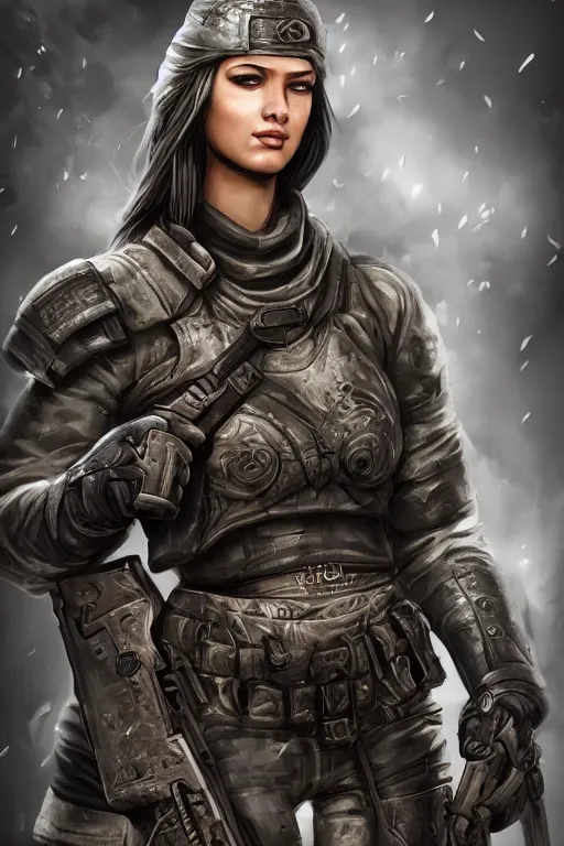 Prompt: female mercenary guard, pretty face, ultra detailed, digital art, 8k ,character ,realistic, portrait, hyperrealistic