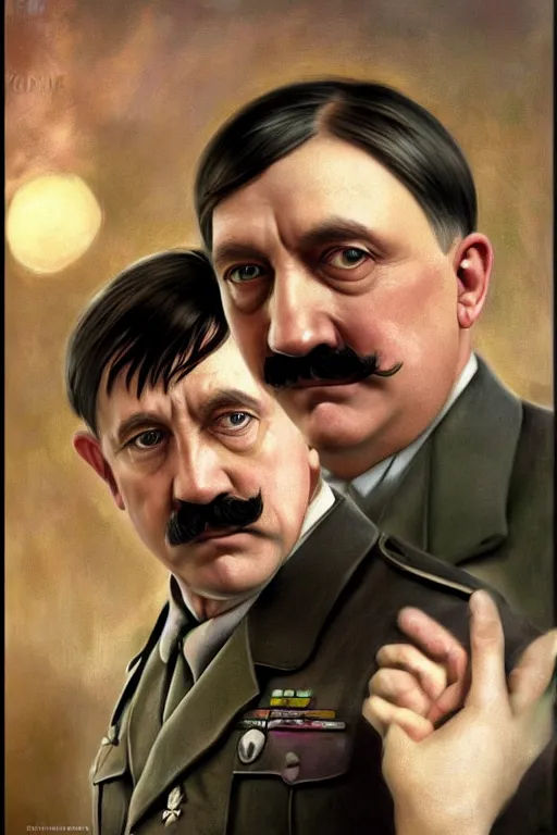 Prompt: photorealistic portrait photograph of adolf hitler, kawaii!! handsome, depth of field, soft focus, highly detailed, intricate, realistic, national geographic cover, soft glow, textured, artstation, concept art, sharp focus, illustration, art by artgerm and greg rutkowski and alphonse mucha