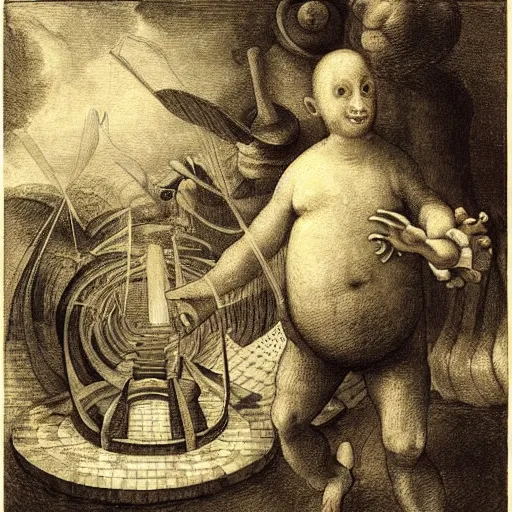 Prompt: A illustration. A rip in spacetime. Did this device in his hand open a portal to another dimension or reality?! Labyrinth Pan's by Frans Francken the Younger, by Santiago Calatrava