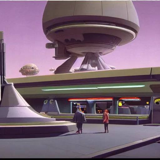 Image similar to ralph mcquarrie concept art of a futuristic mcdonalds. a space station is seen off in the distance with various droids and people walking in the foreground.