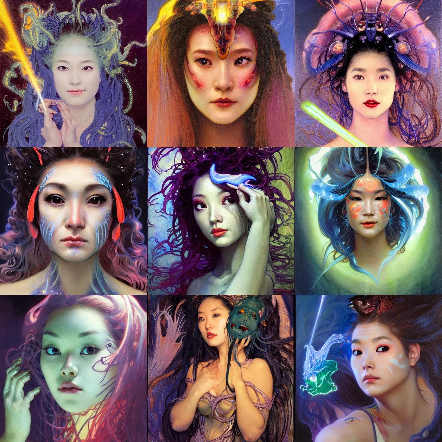 Prompt: awe-inspiring award-winning concept art face portrait painting of attractive anglerfish Ashley Liao in neon shrouds as the goddess of lasers, sparks, by Julie Bell, Jean Delville, Virgil Finlay, Alphonse Mucha, Ayami Kojima, Amano, Charlie Bowater, Karol Bak, Greg Hildebrandt, Jean Delville, Frank Frazetta, Peter Kemp, and Pierre Puvis de Chavannesa, cyberpunk, extremely moody lighting, glowing light and shadow, atmospheric, shadowy, cinematic, 8K,