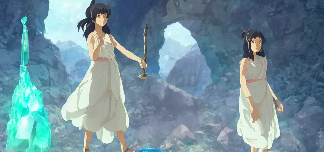 Prompt: Full body portrait of a Himalayan woman in a sleeveless dress, casting a spell on a giant crystal in a cave, detailed, artstation, by Kyoto Animation and Studio Ghibli, by Makoto Shinkai and Ilya Kuvshinov