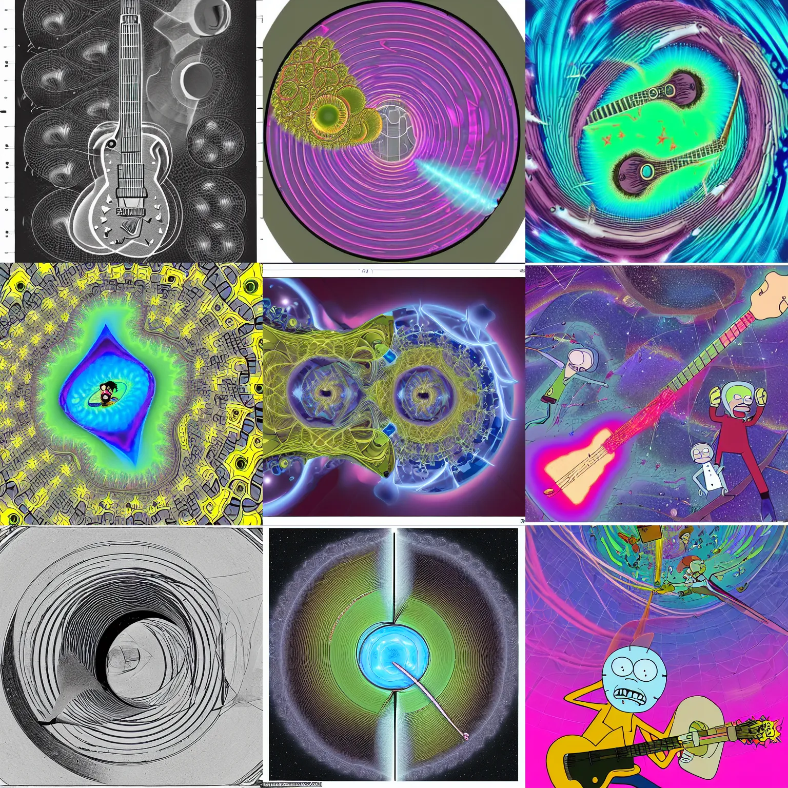 Prompt: a gravimetric shear in spacetime viewed through the fractal lens of adalasion monotronics influenced by the art stile of sir herbert mazelfritz in the early romantic period, in the world of adventure time, rick and morty, the widespread economic collapse of the early 1 9 0 0's, man playing guitar