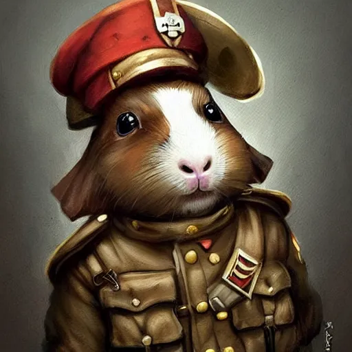 Image similar to cute little anthropomorphic Guinea Pig ww1 soldier, tiny, small, short, military outfit, cute and adorable, pretty, beautiful, DnD character art portrait, matte fantasy painting, DeviantArt Artstation, by Jason Felix by Steve Argyle by Tyler Jacobson by Peter Mohrbacher, cinema