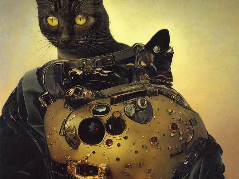 Image similar to an oil painting profile of a cat in a spacesuit, symetrical and detailed with science fiction theme by beksinski carl spitzweg and tuomas korpi. baroque elements, full-length view. baroque element. intricate artwork by caravaggio. Trending on artstation. 8k