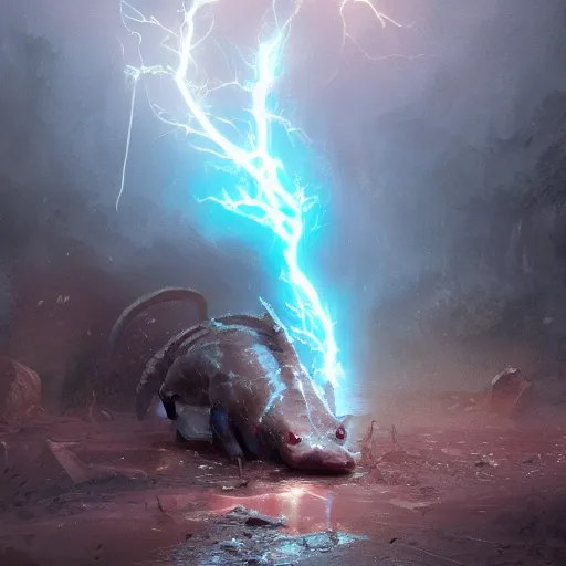 Image similar to shocked Axolotl hit by lightning from the sky in a small puddle, dramatic, dark, fantasy, digital art, hyperrealistic, Greg Rutkowski, Trending on Artstation, highly detailed