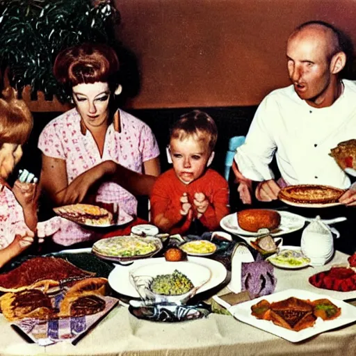 Image similar to occult satanic food ritual, family photo, 1 9 6 0 s, kodachrome