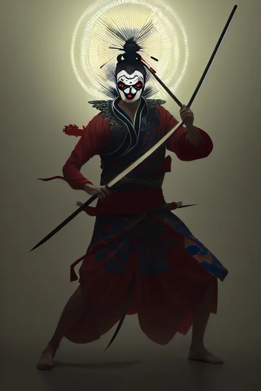 Image similar to elaborate illustration of an insane kabuki warrior wielding a spear striking a pose while emitting a visible aura of madness, crossed eyes, hazy atmosphere, greg rutkowski style, high quality, 8 k