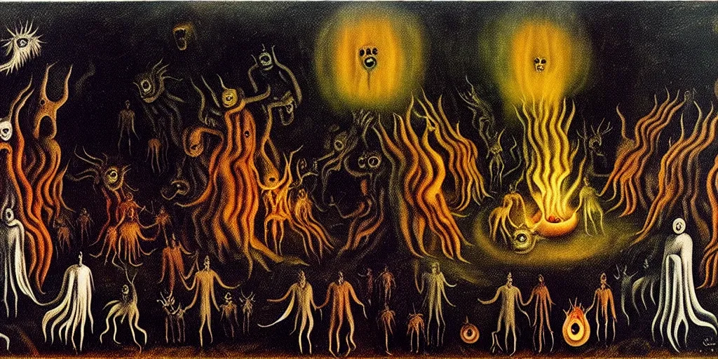 Prompt: repressed emotion creatures and monsters at the mouth of hell, dramatic lighting glow from giant fire, attempting to escape and start a revolution, in a dark surreal painting by leonora carrington