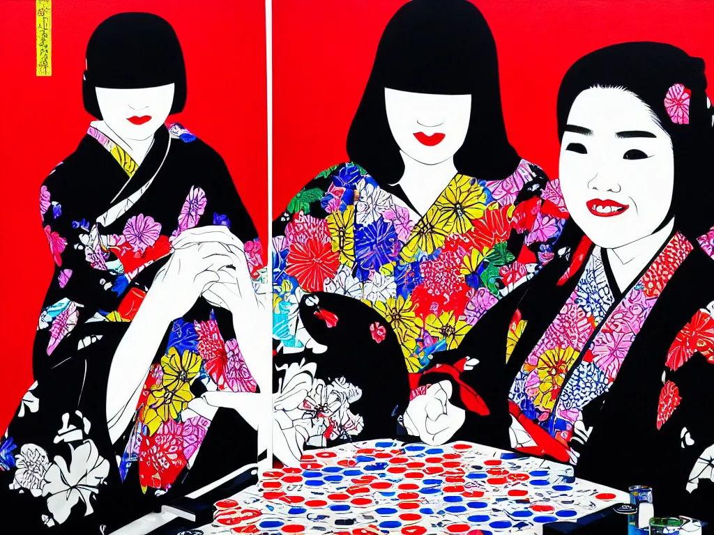 Image similar to hyperrealism composition of the detailed woman in a japanese kimono sitting at an extremely detailed poker table with darth vader, fireworks on the background, pop - art style, jacky tsai style, andy warhol style, acrylic on canvas