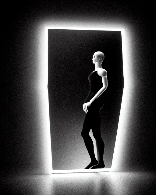 Prompt: black and white high quality photo of a beautiful female AI vegetal-cyborg looking into a sci-fi mirror, volumetric lighting, liminal space, brutalism, foggy, dreamy, hyperdetailed, bokeh, photorealistic, cinematic, masterpiece, Metropolis, elegant, dark, by Man Ray in the style of Horst P. Horst, octane render, 8K,