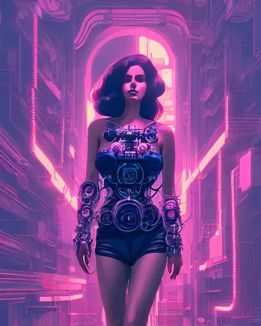 Image similar to portrait of lana del rey as a cyberpunk cyborg. roses, sci - fi, intricate abstract, upper body, intricate artwork, by tooth wu, wlop, beeple, dan mumford. concept art, 8 k octane render, deviantart, greg rutkowski, cinematic, key art, hyperrealism, iridescent accents